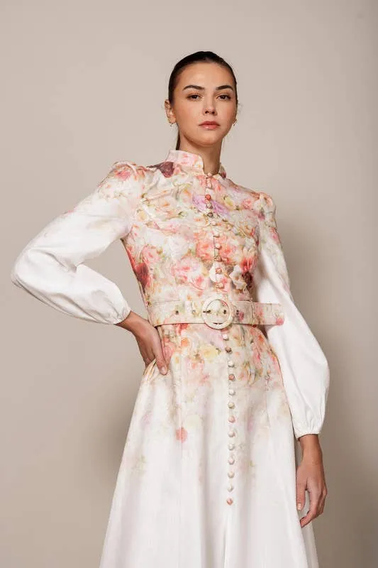 FLORAL PRINTED BUTTON DOWN LONG SLEEVE MIDI DRESS