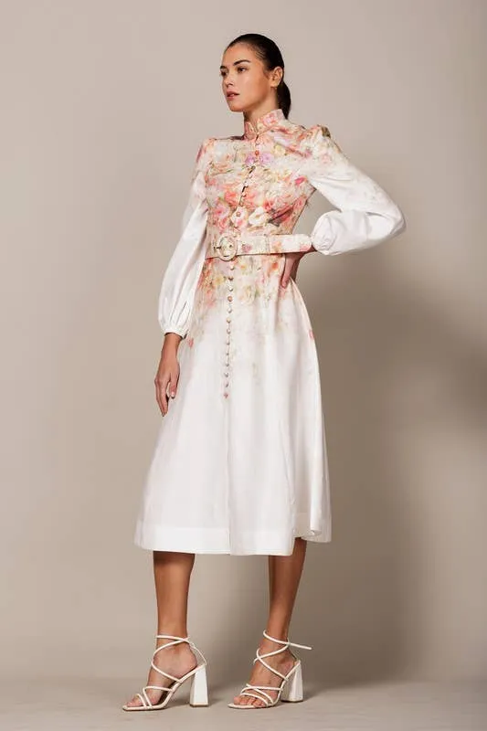 FLORAL PRINTED BUTTON DOWN LONG SLEEVE MIDI DRESS