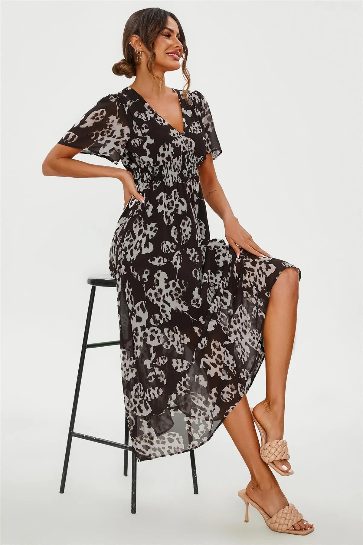 FS Collection Leopard Floral Print Angel Sleeve Maxi Dress In Black