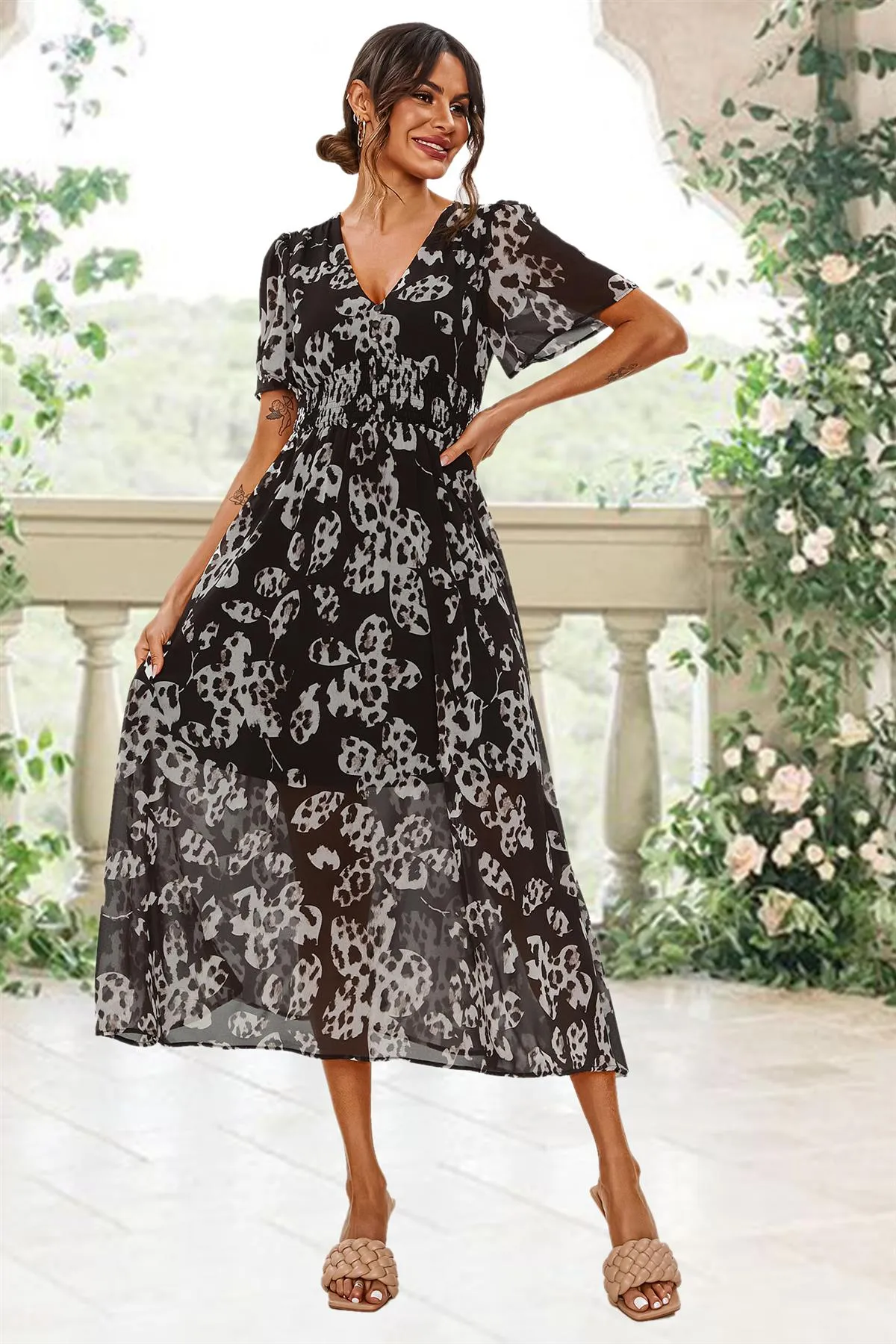 FS Collection Leopard Floral Print Angel Sleeve Maxi Dress In Black