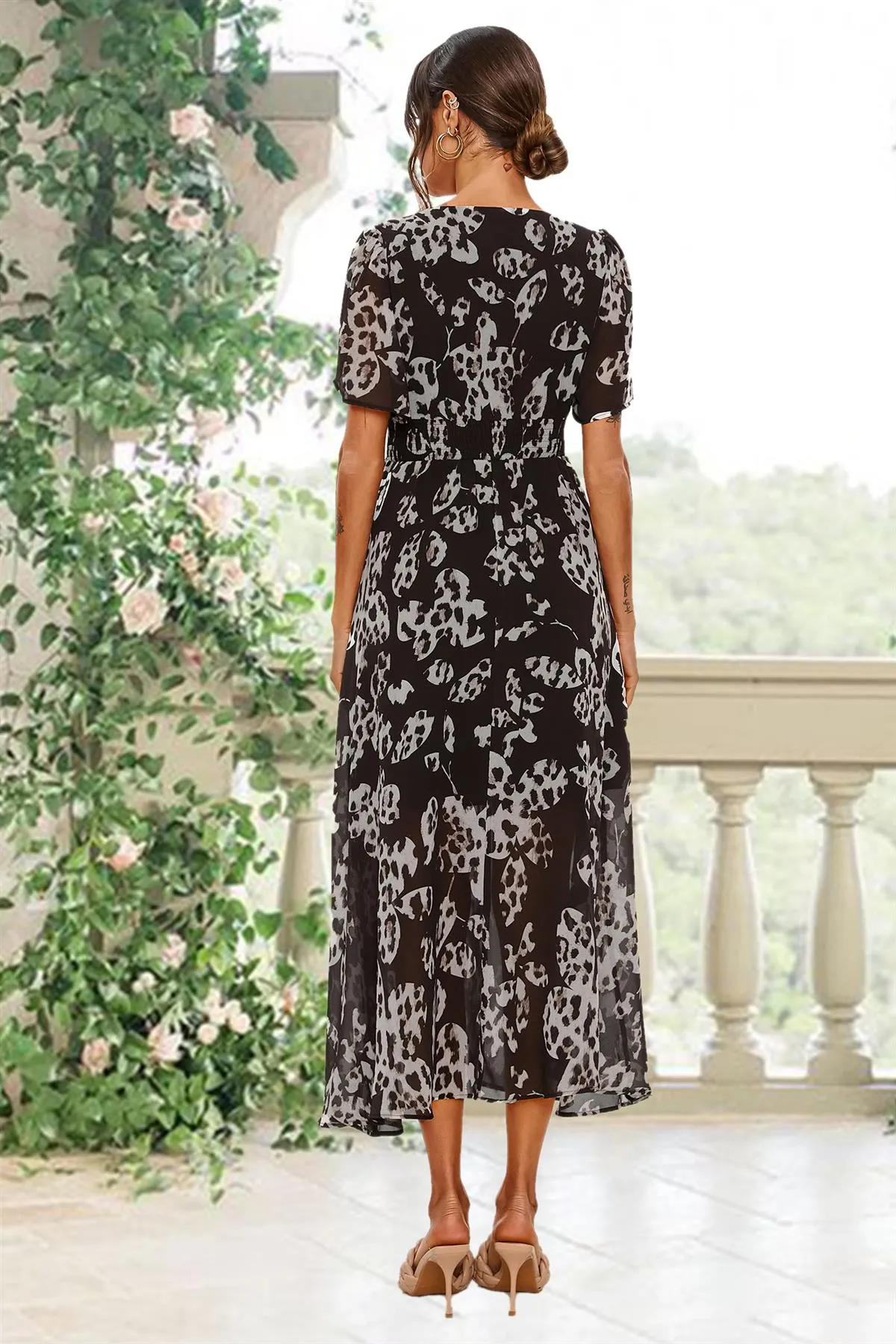 FS Collection Leopard Floral Print Angel Sleeve Maxi Dress In Black