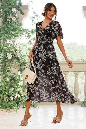 FS Collection Leopard Floral Print Angel Sleeve Maxi Dress In Black