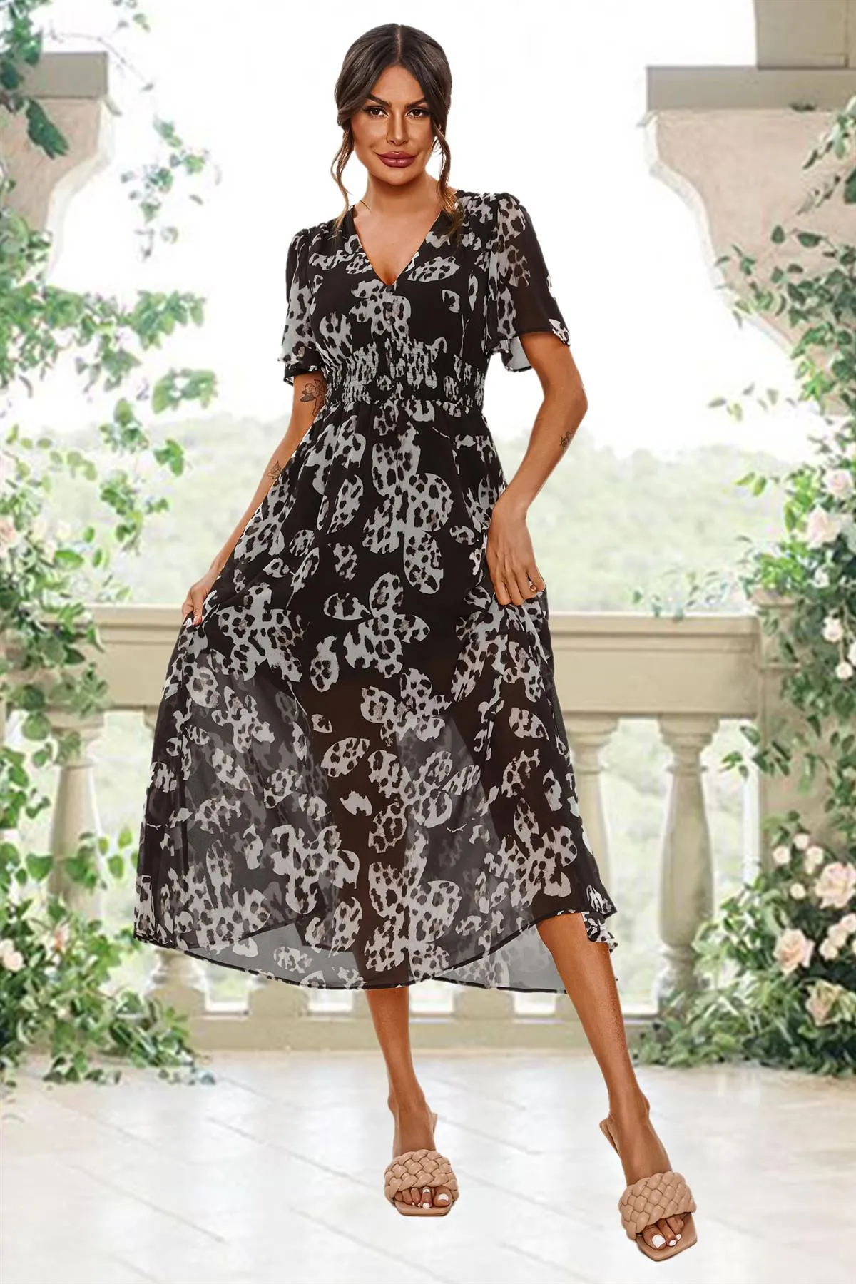FS Collection Leopard Floral Print Angel Sleeve Maxi Dress In Black