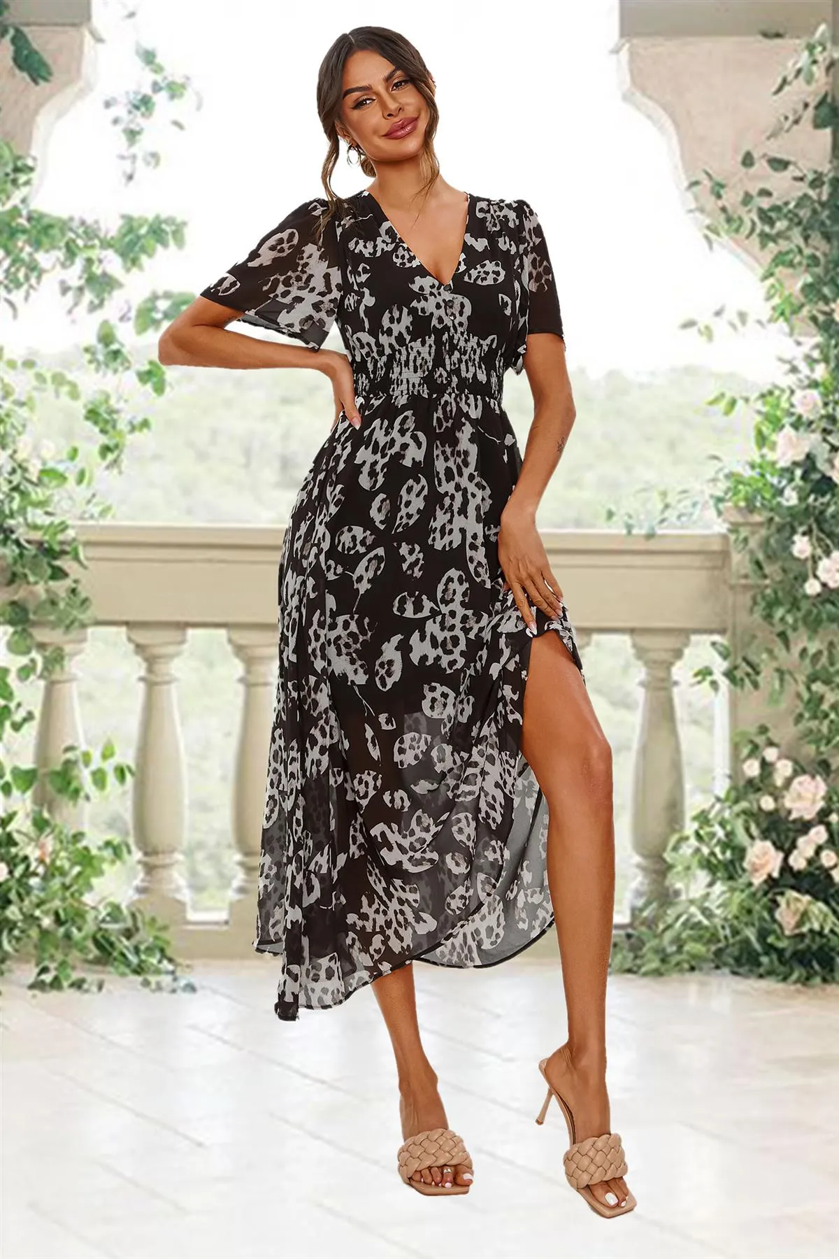 FS Collection Leopard Floral Print Angel Sleeve Maxi Dress In Black