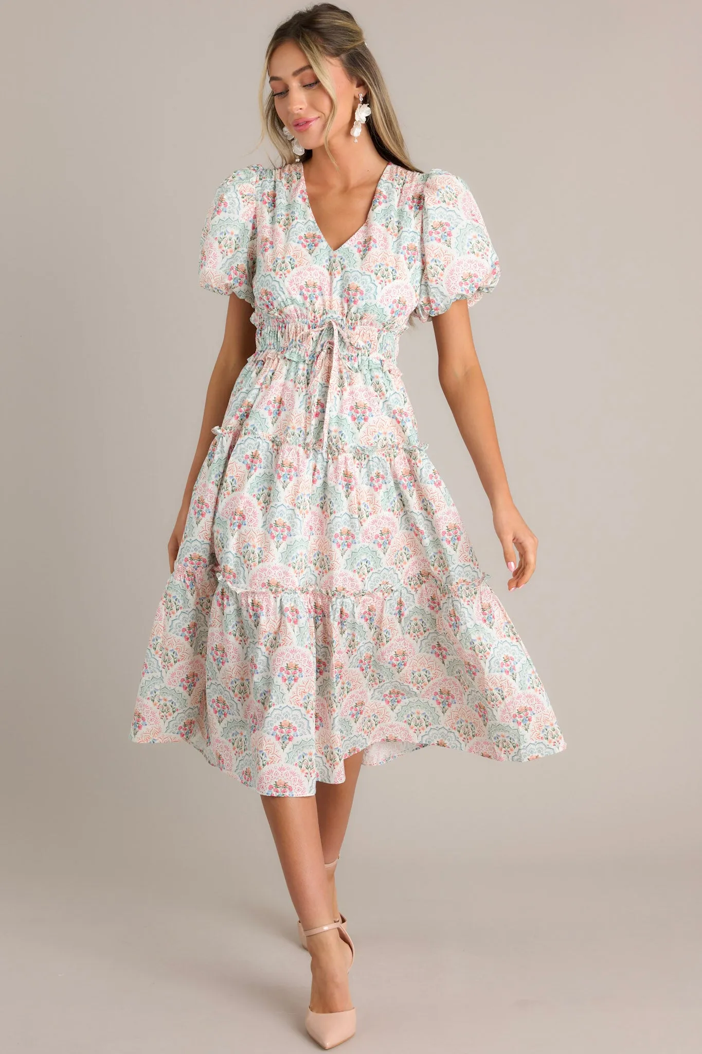 Garden Elegance Ivory Floral Cotton Midi Dress
