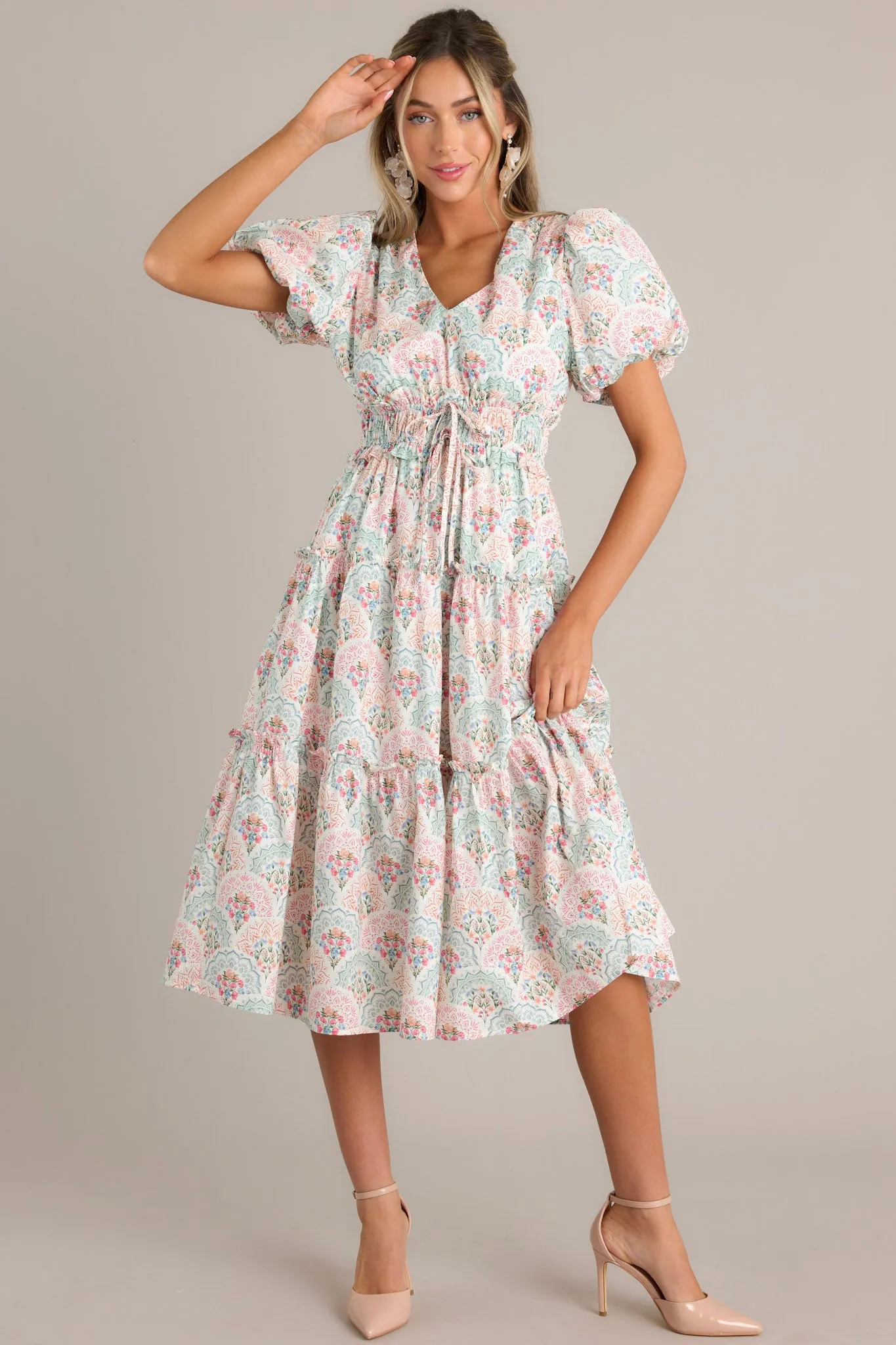 Garden Elegance Ivory Floral Cotton Midi Dress