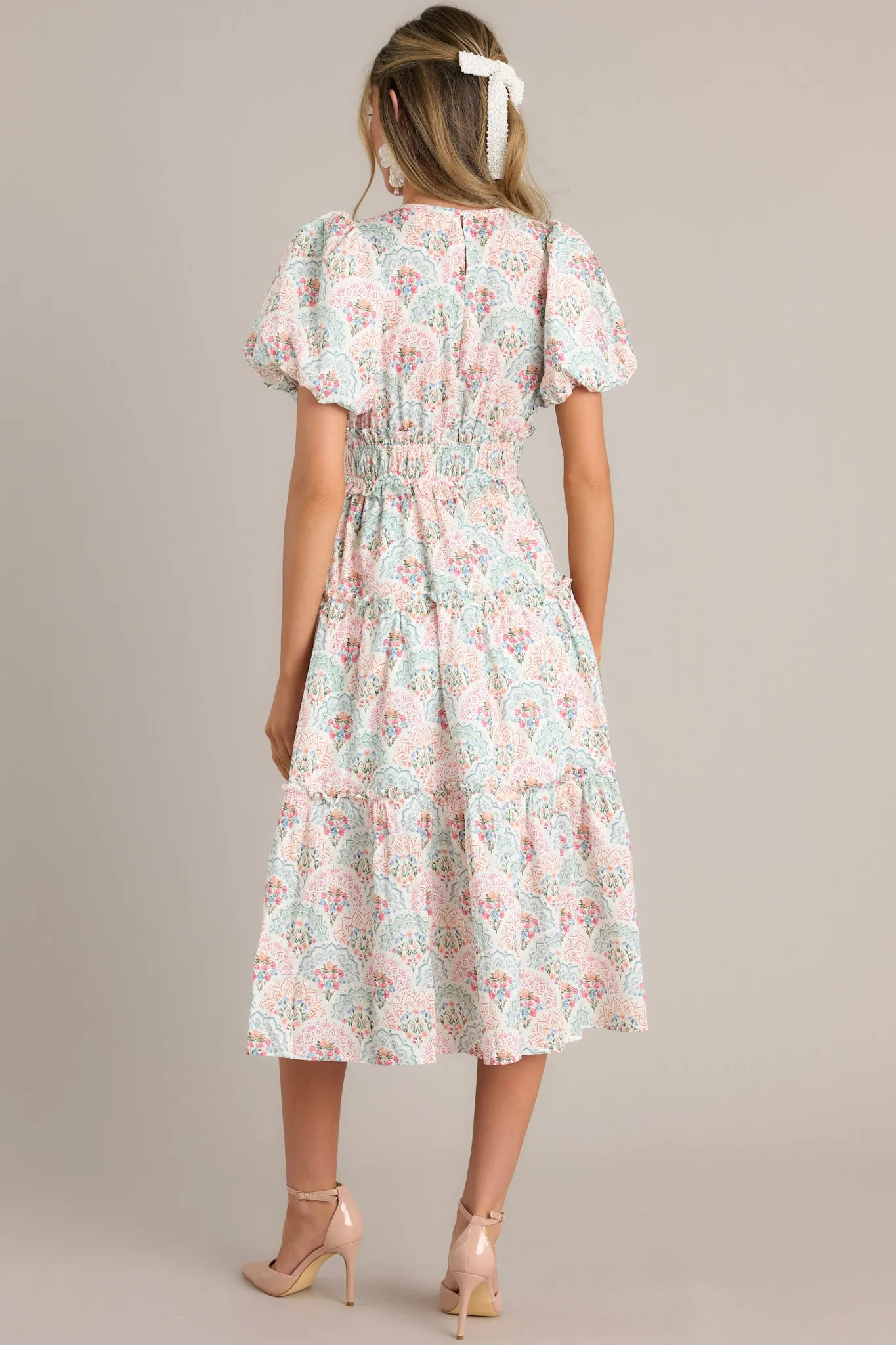 Garden Elegance Ivory Floral Cotton Midi Dress