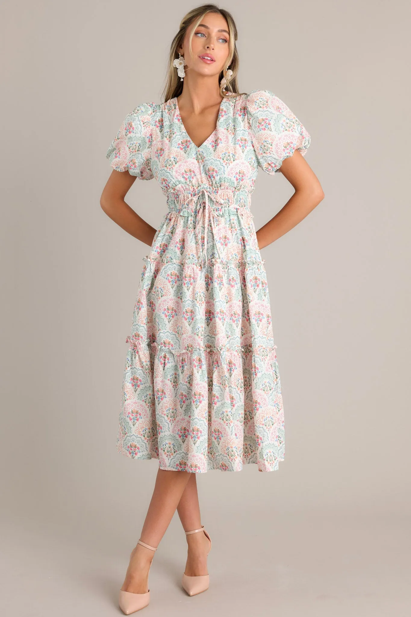 Garden Elegance Ivory Floral Cotton Midi Dress
