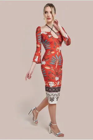 Goddiva Printed Tie Back Midi Dress - Orange