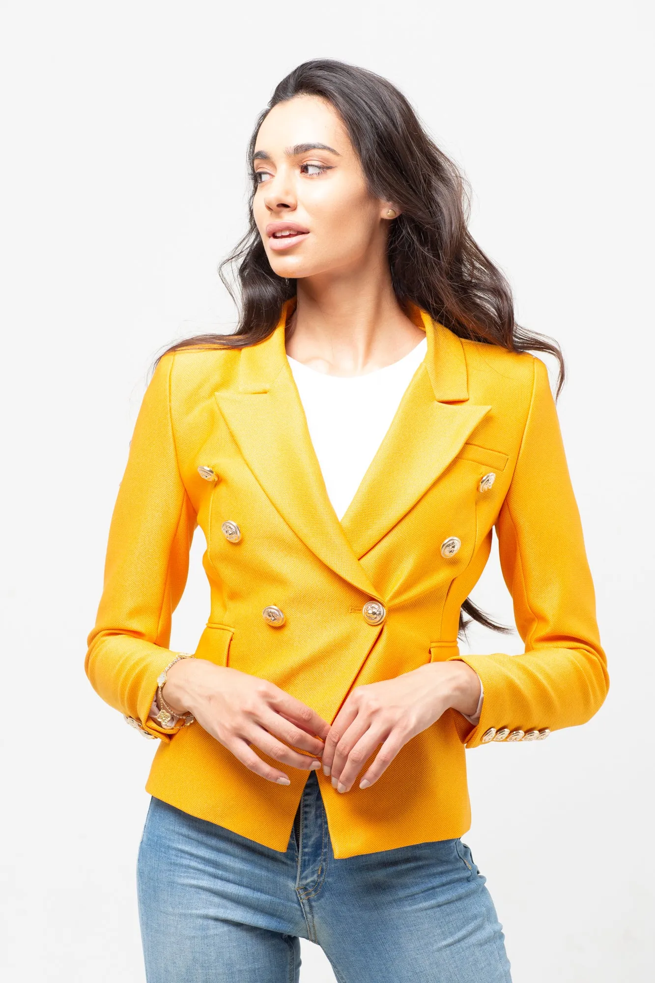GOLD BUTTON TEXTURED BLAZER ORANGE