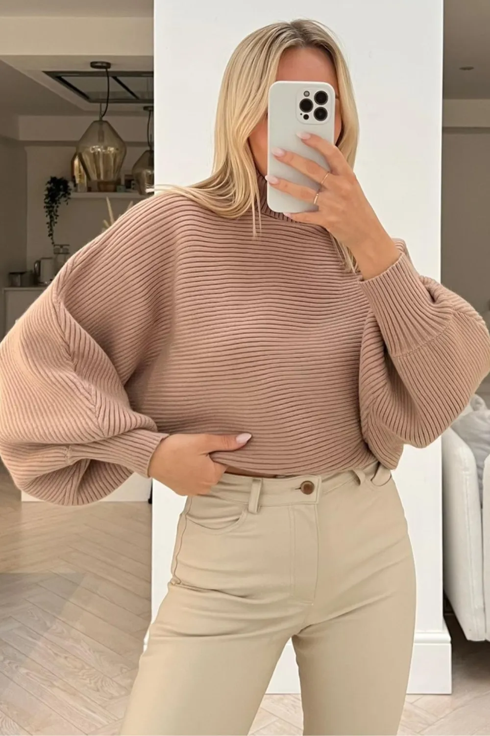 Grace Camel knitted cropped roll neck jumper