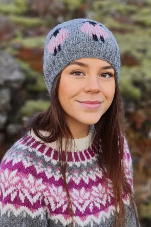 Handknit Wool Hat - Grey / Pink Sheep
