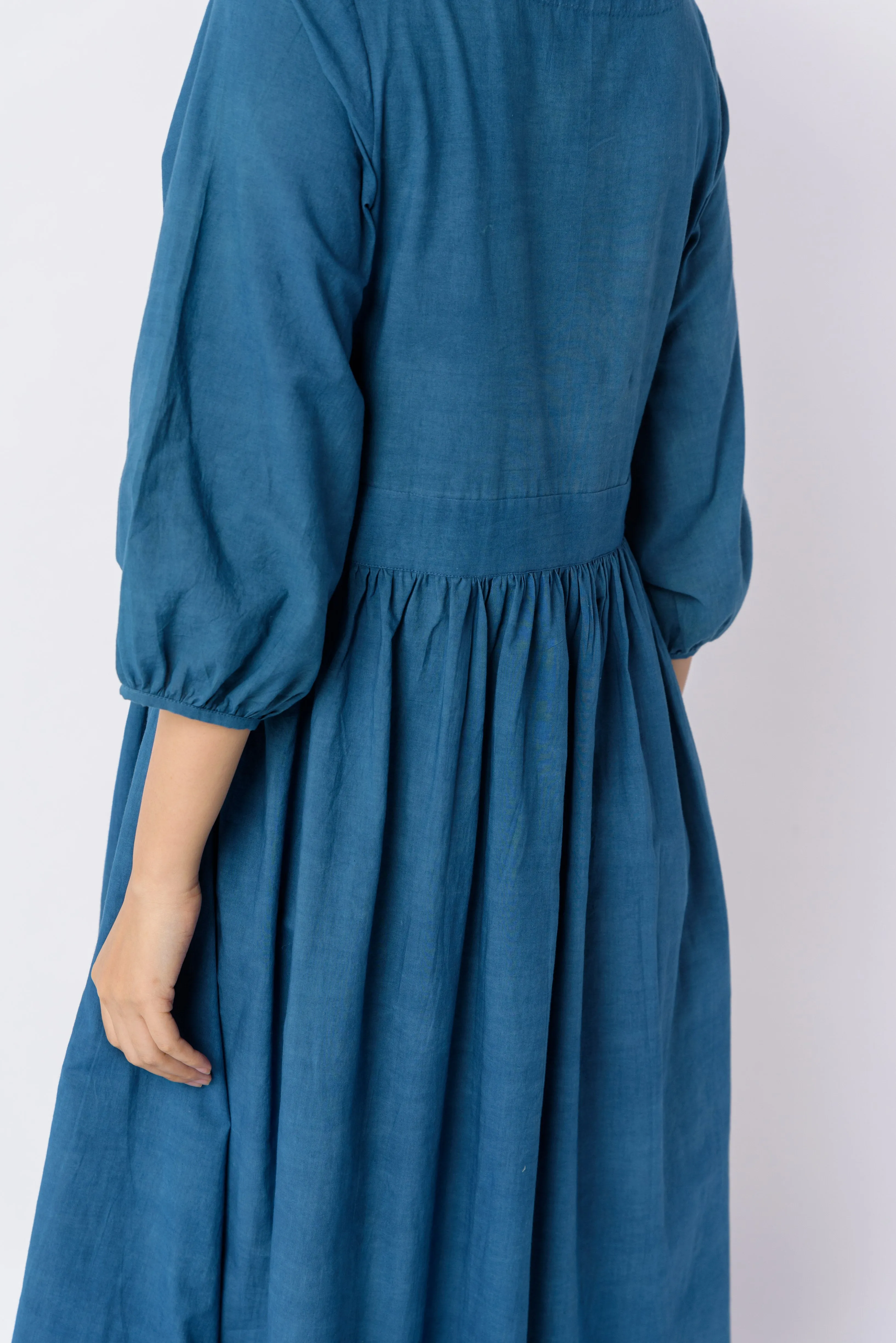 Indigo gathered midi dress