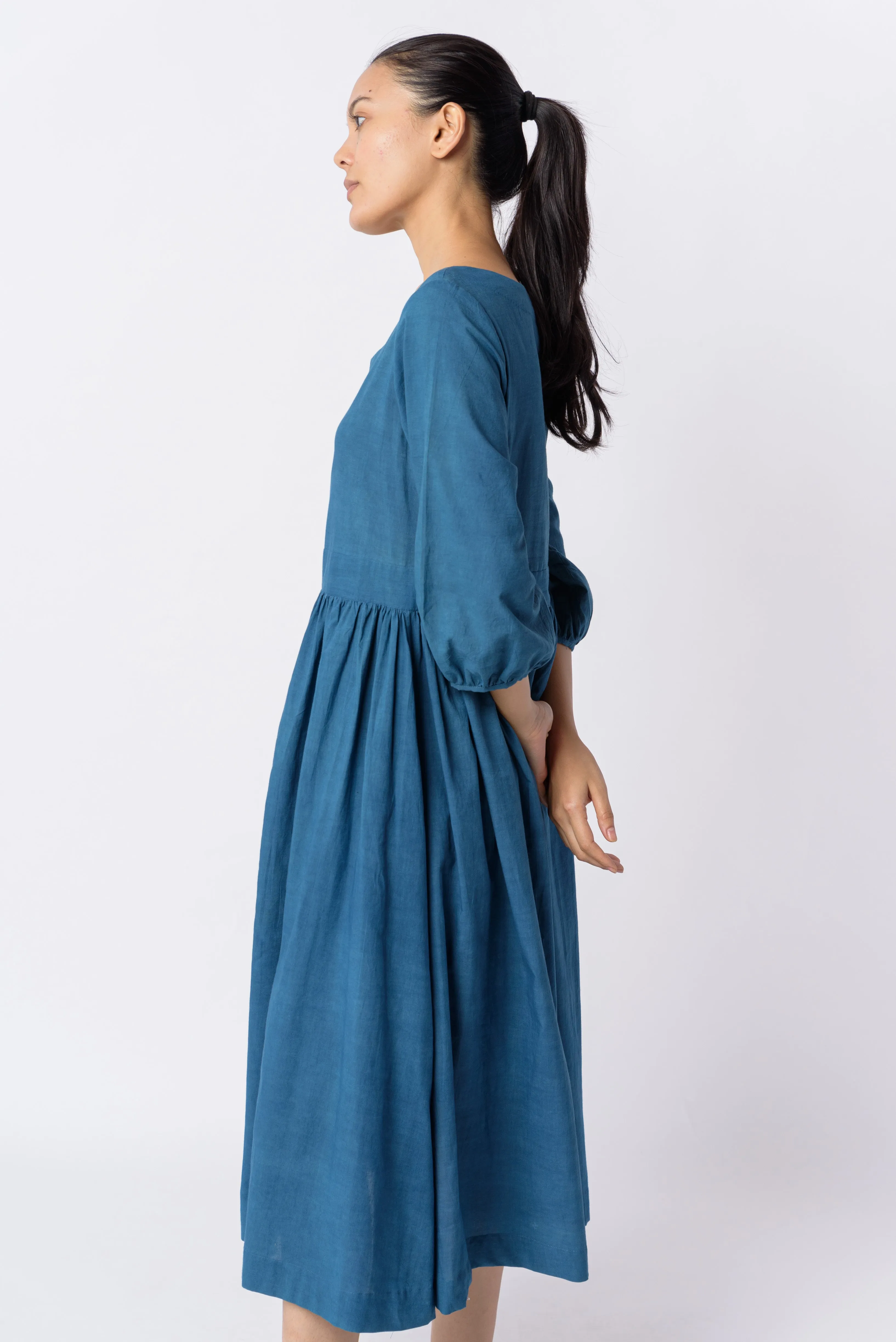 Indigo gathered midi dress