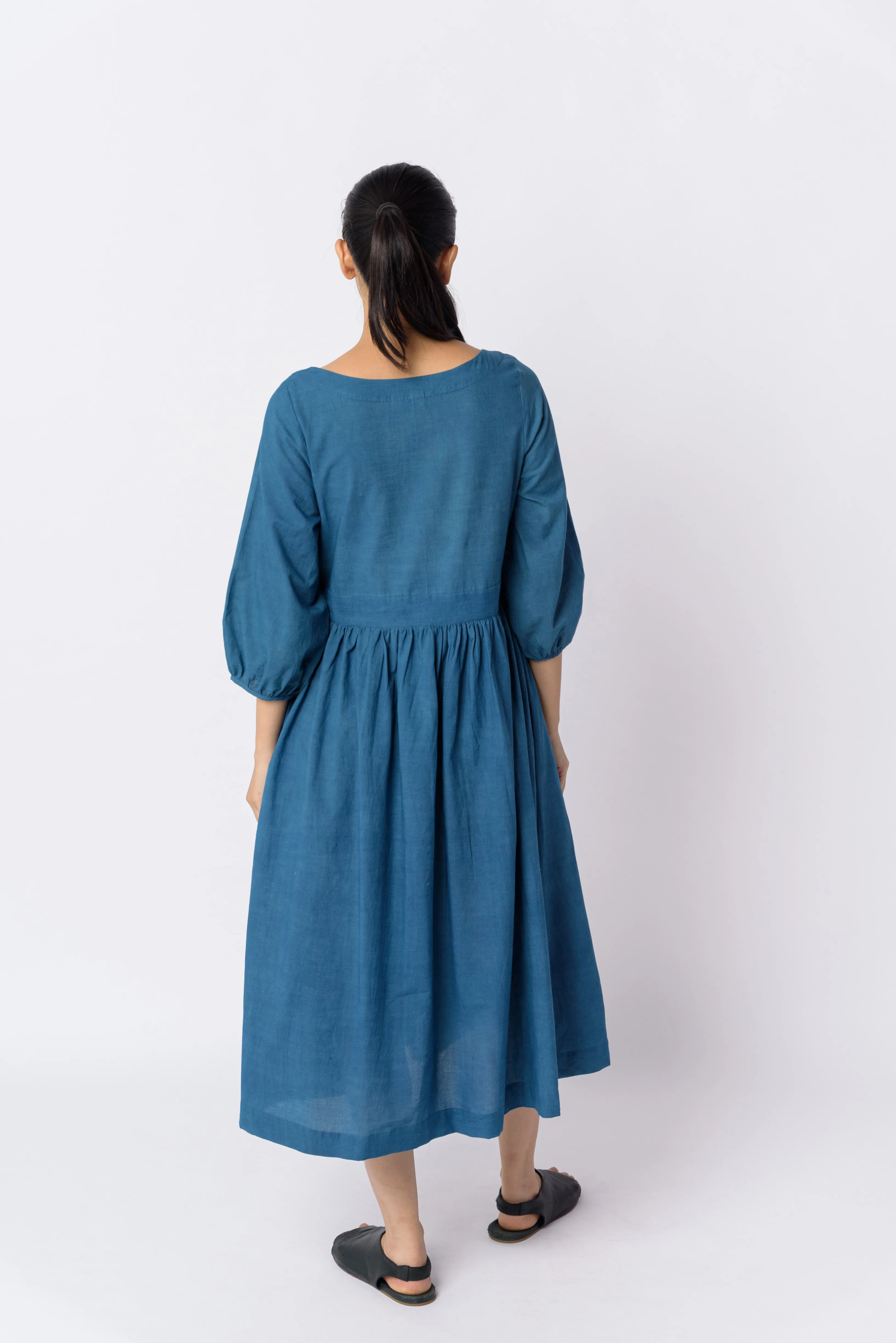 Indigo gathered midi dress