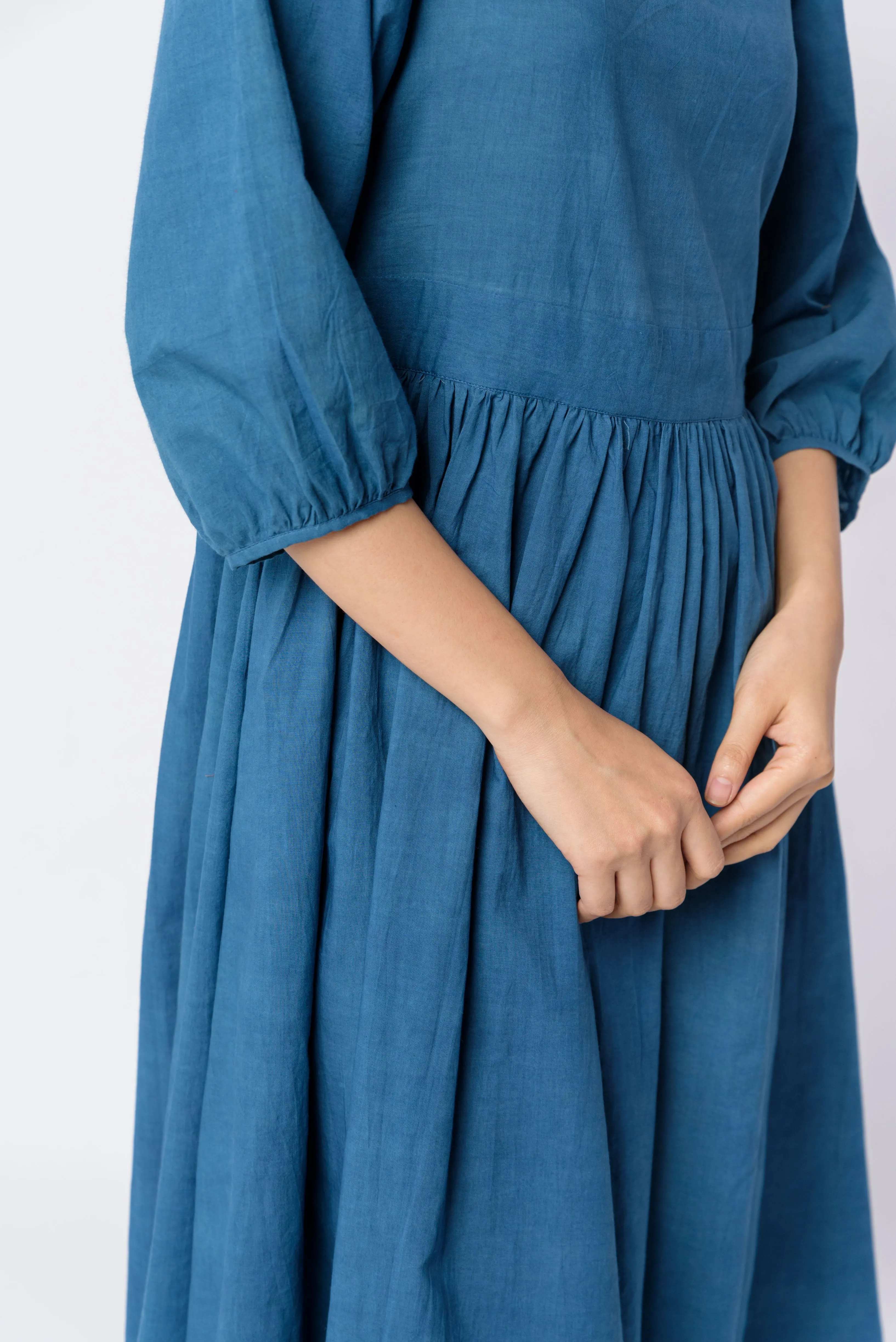 Indigo gathered midi dress