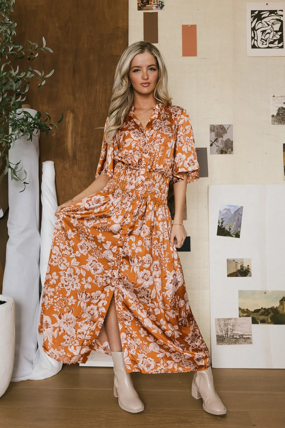 Jaslyn Floral Midi Dress in Camel - FINAL SALE