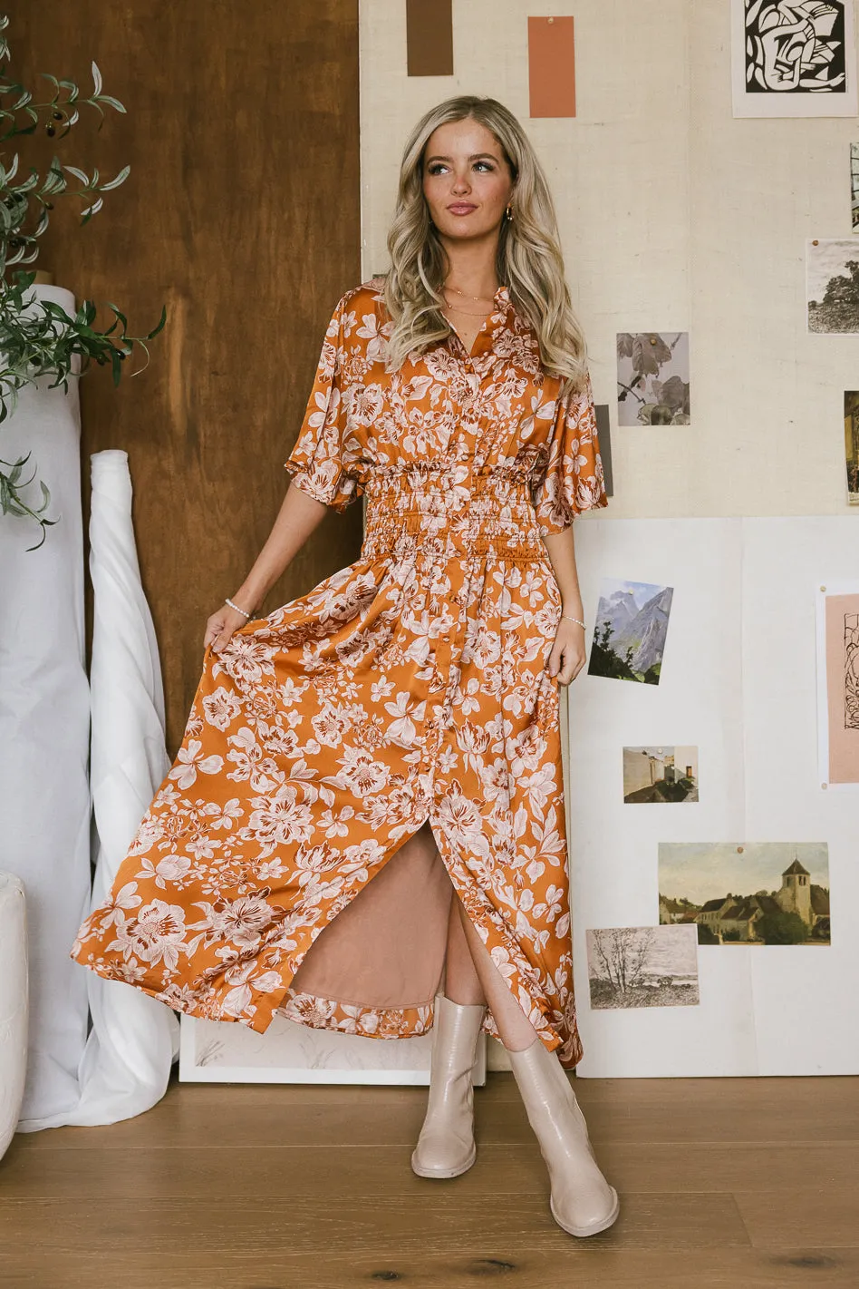 Jaslyn Floral Midi Dress in Camel - FINAL SALE