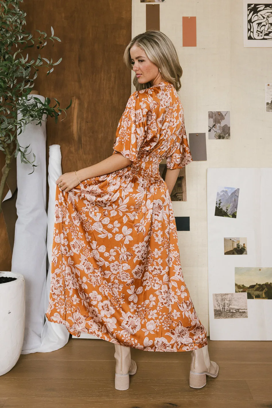 Jaslyn Floral Midi Dress in Camel - FINAL SALE