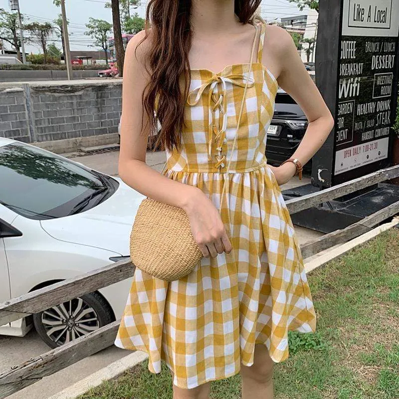 Kawaii Drawstring Yellow Slip Dress