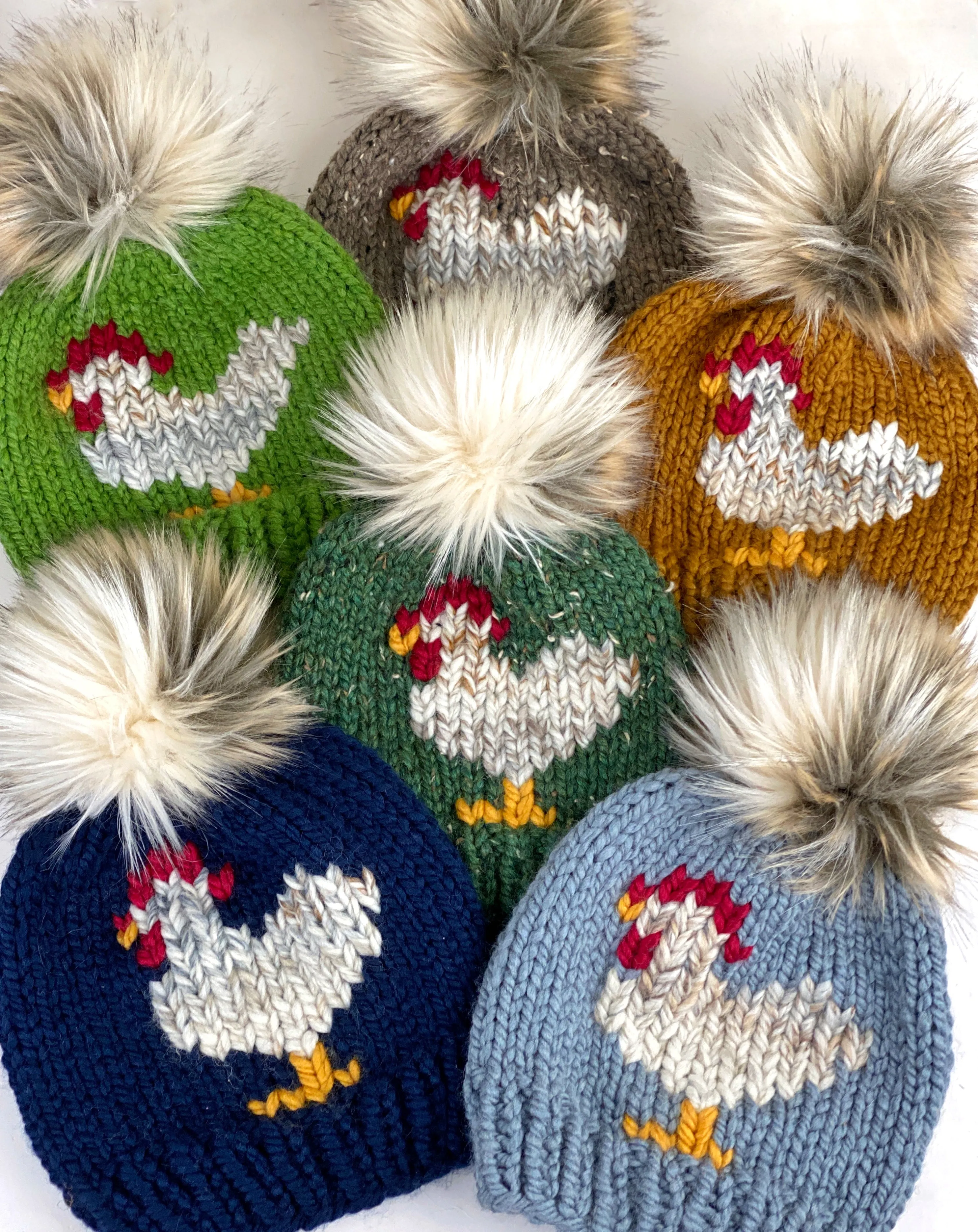 Knit Chicken Hat Flax Wool Blend Womens Adult Hat Faux Fur Pom Pom Beanie