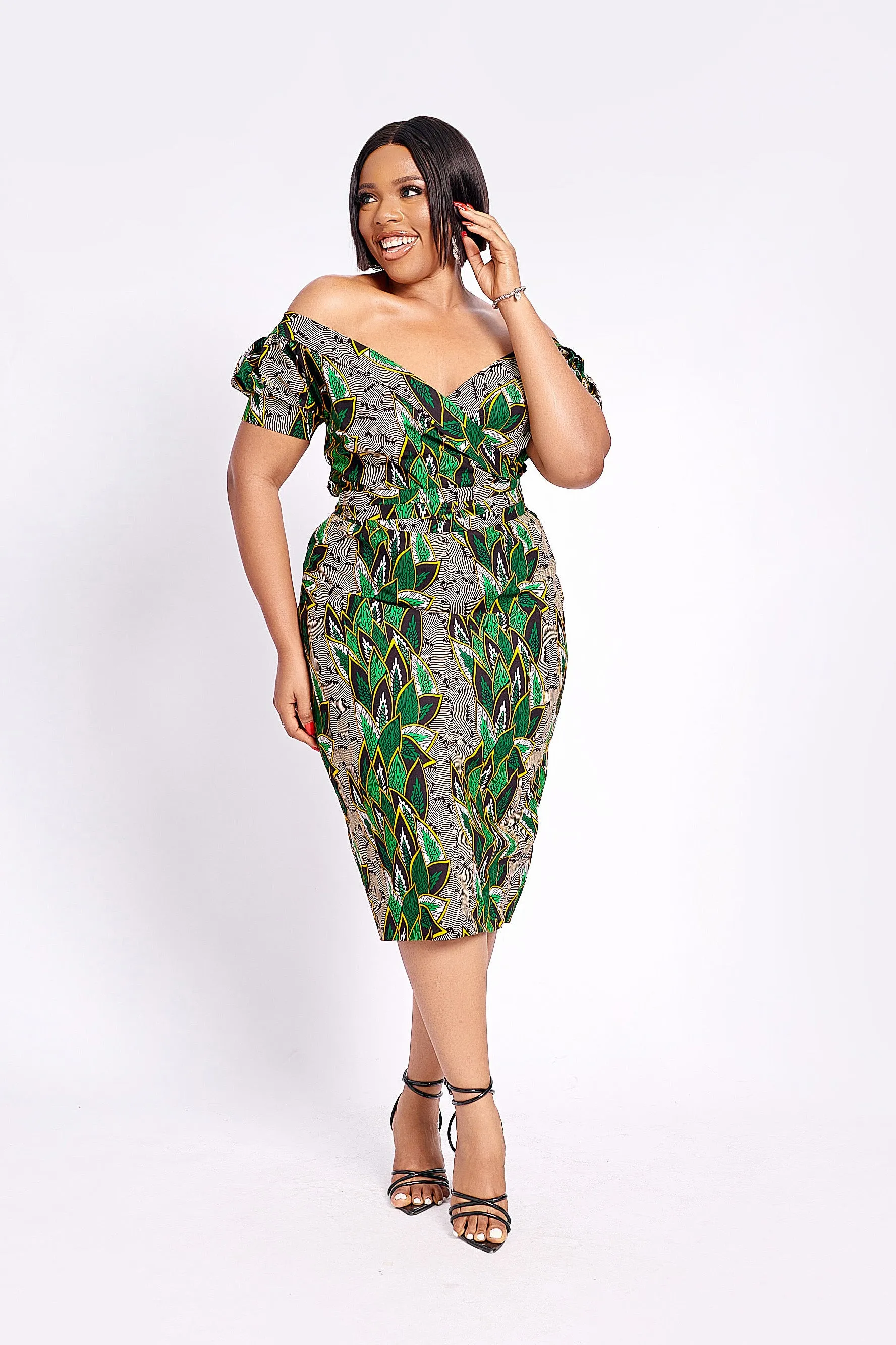 LEISHA AFRICAN PRINT OFF SHOULDER MIDI DRESS