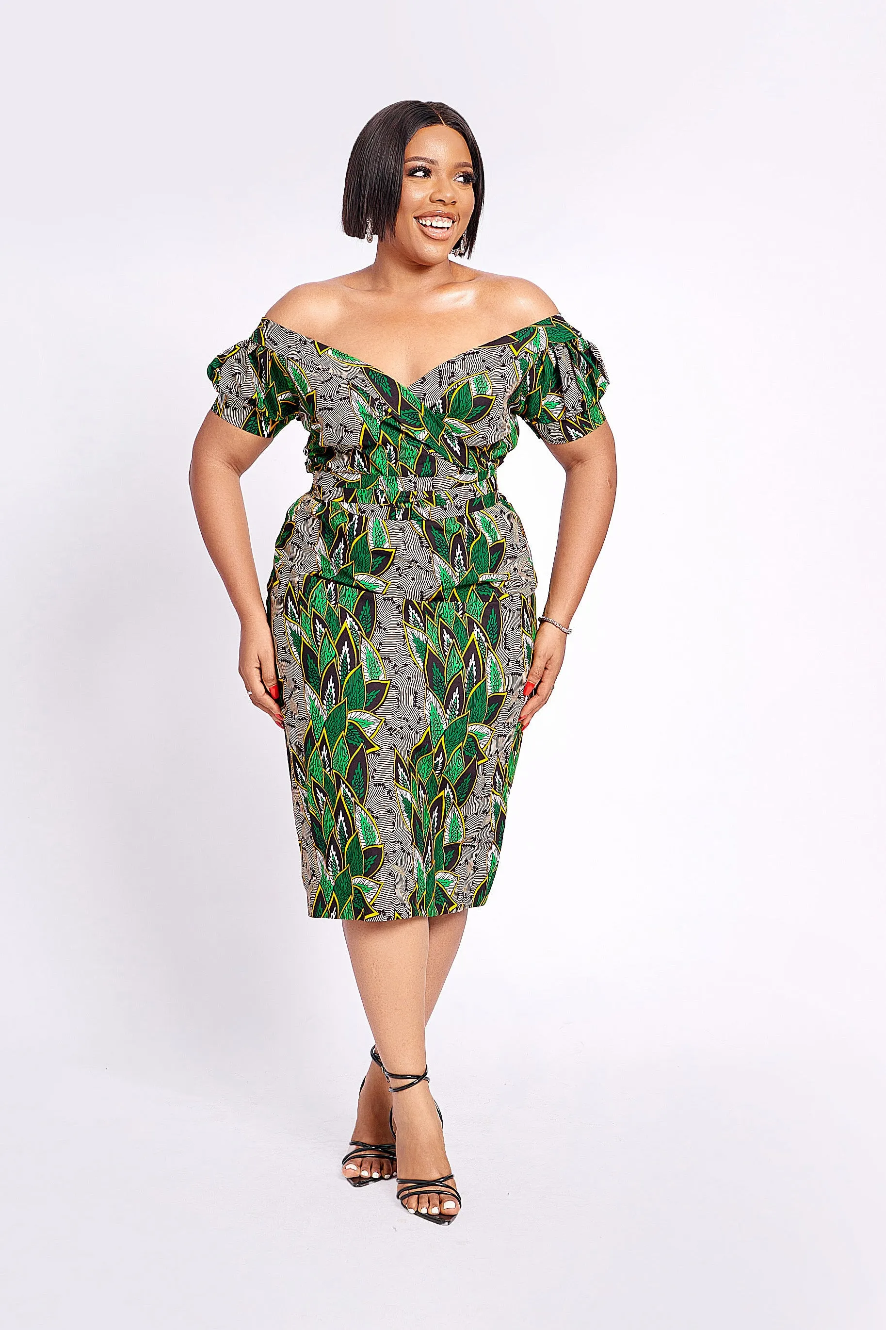 LEISHA AFRICAN PRINT OFF SHOULDER MIDI DRESS