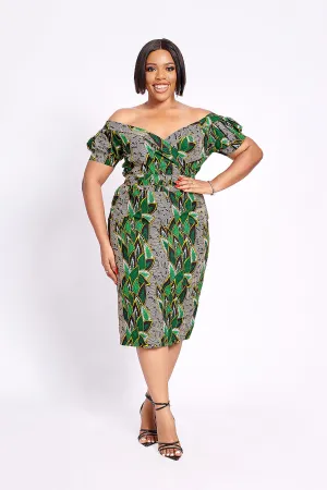 LEISHA AFRICAN PRINT OFF SHOULDER MIDI DRESS