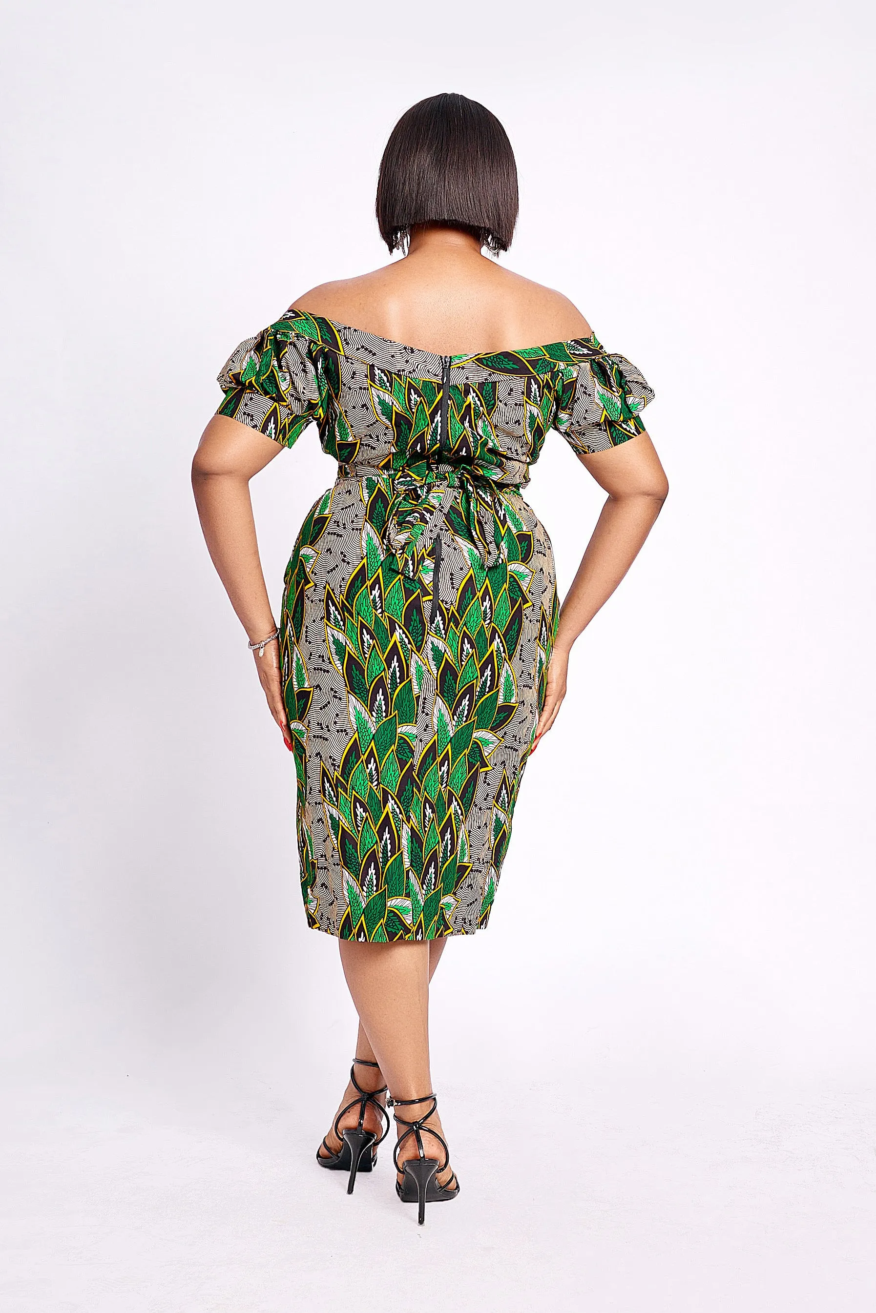 LEISHA AFRICAN PRINT OFF SHOULDER MIDI DRESS