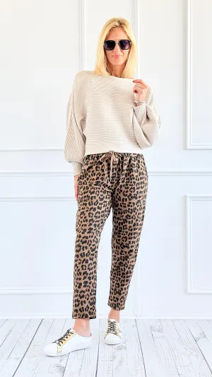 Leopard Luxe Drawstring Italian Joggers - Camel