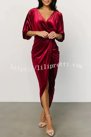 Lilipretty Brendy V Neck Half Sleeve Velvet Pleated Midi Dress