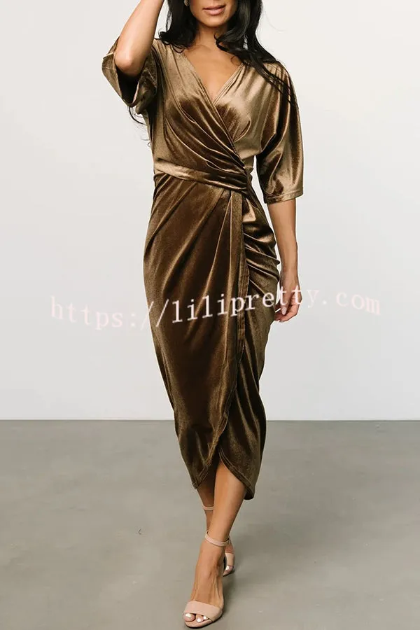 Lilipretty Brendy V Neck Half Sleeve Velvet Pleated Midi Dress