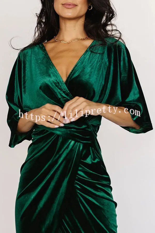 Lilipretty Brendy V Neck Half Sleeve Velvet Pleated Midi Dress