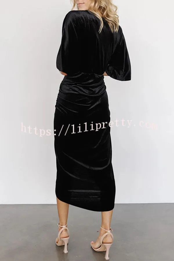 Lilipretty Brendy V Neck Half Sleeve Velvet Pleated Midi Dress