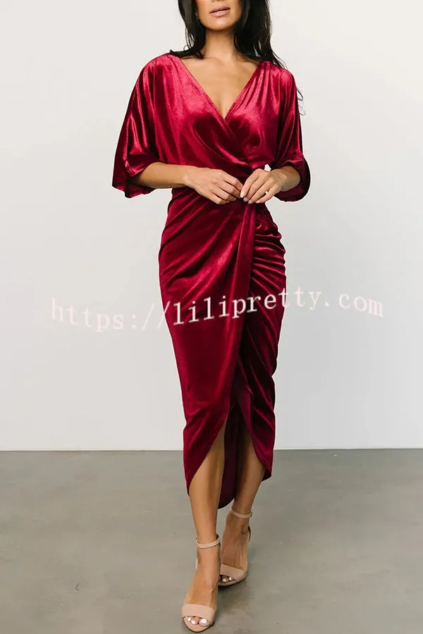 Lilipretty Brendy V Neck Half Sleeve Velvet Pleated Midi Dress