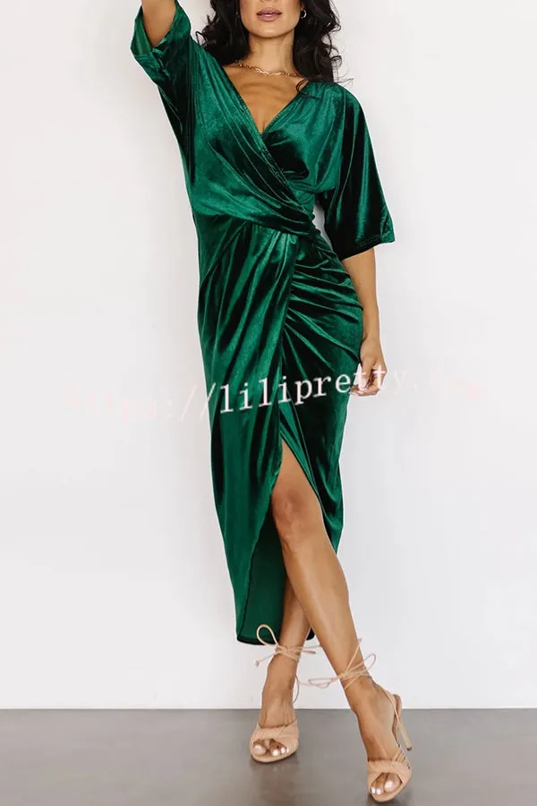Lilipretty Brendy V Neck Half Sleeve Velvet Pleated Midi Dress
