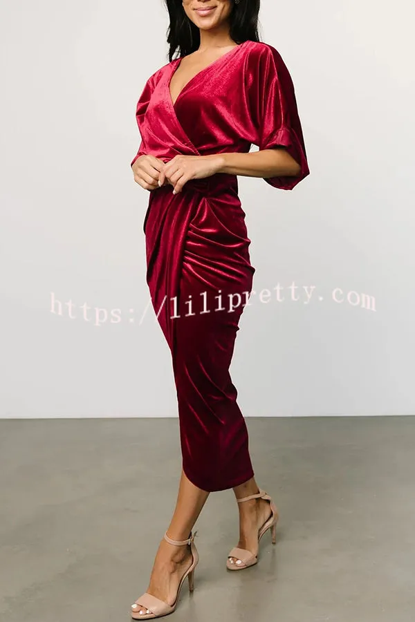 Lilipretty Brendy V Neck Half Sleeve Velvet Pleated Midi Dress