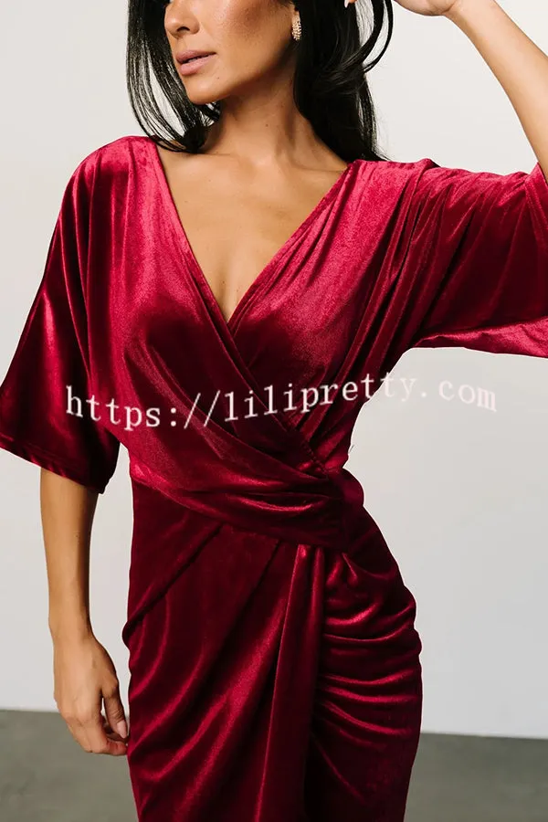 Lilipretty Brendy V Neck Half Sleeve Velvet Pleated Midi Dress
