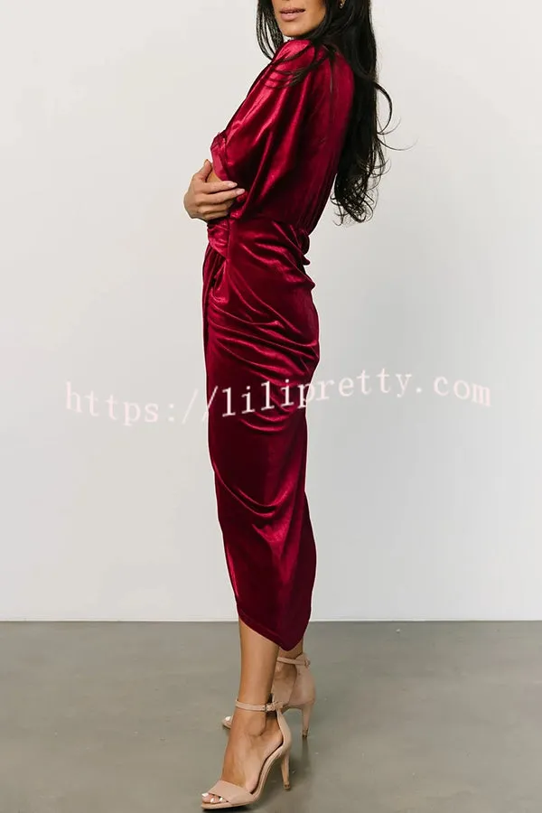 Lilipretty Brendy V Neck Half Sleeve Velvet Pleated Midi Dress