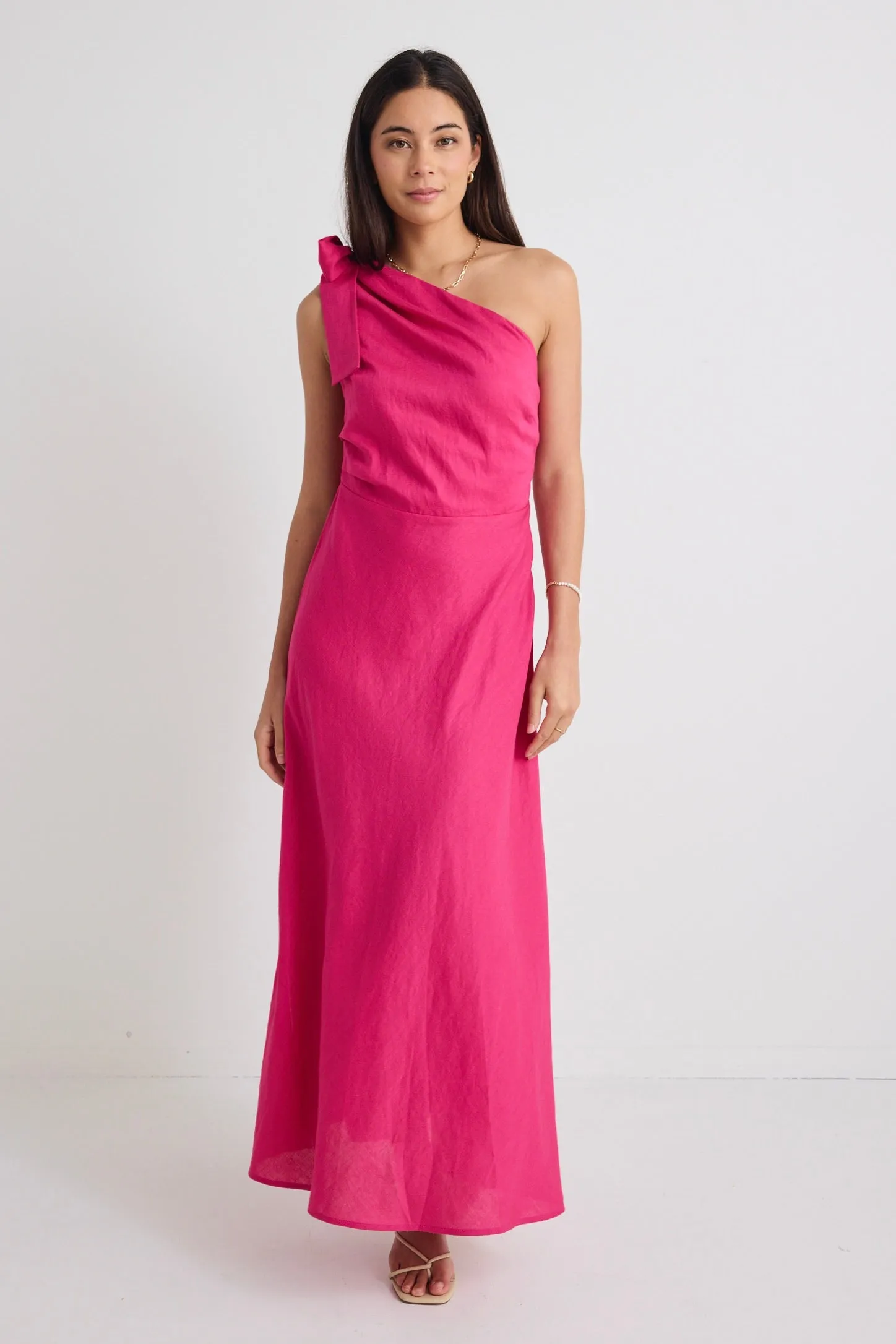 Mirror Hot Pink Linen Blend One Shoulder Bow Midi Dress