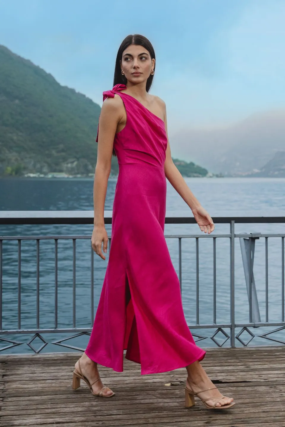 Mirror Hot Pink Linen Blend One Shoulder Bow Midi Dress