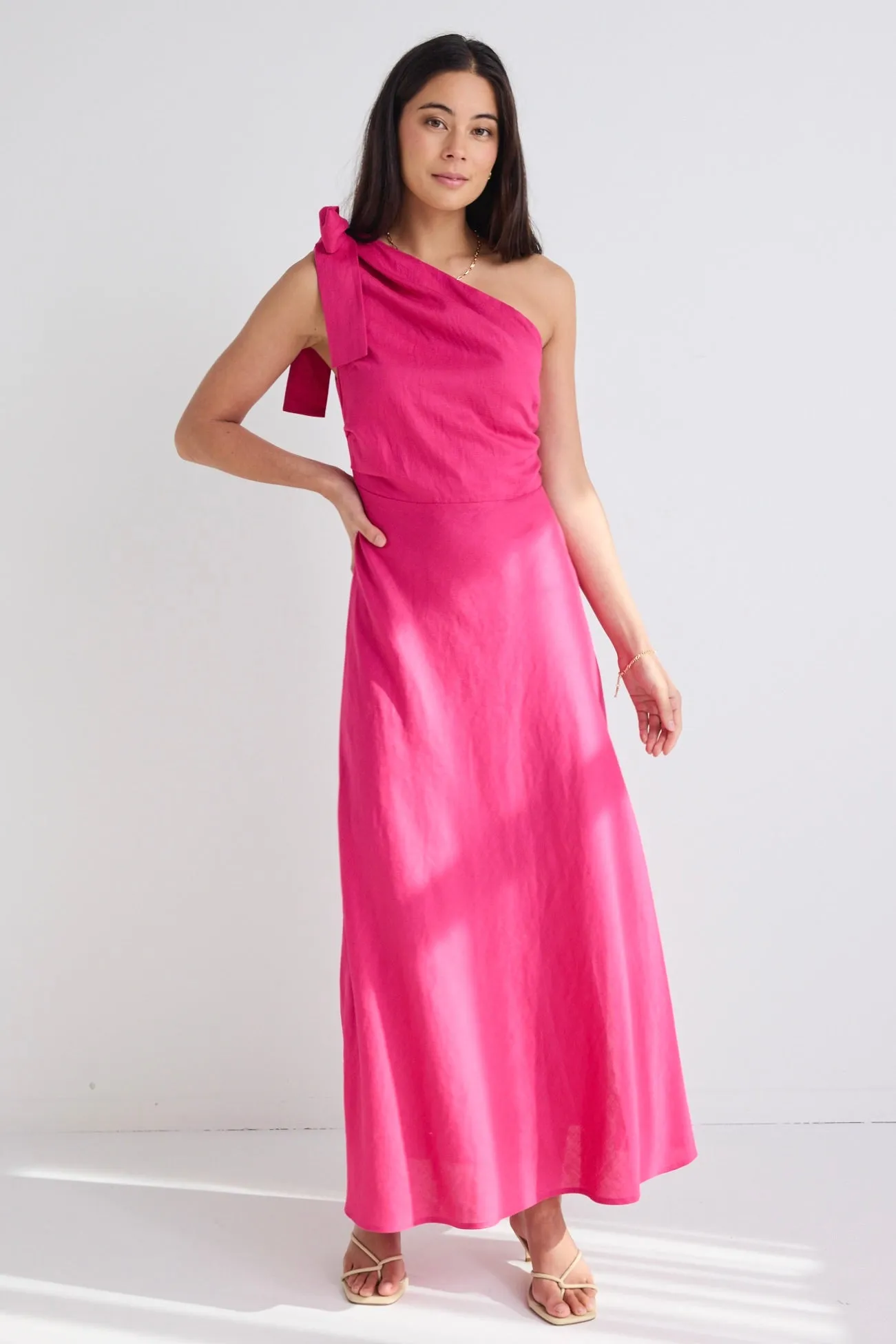 Mirror Hot Pink Linen Blend One Shoulder Bow Midi Dress
