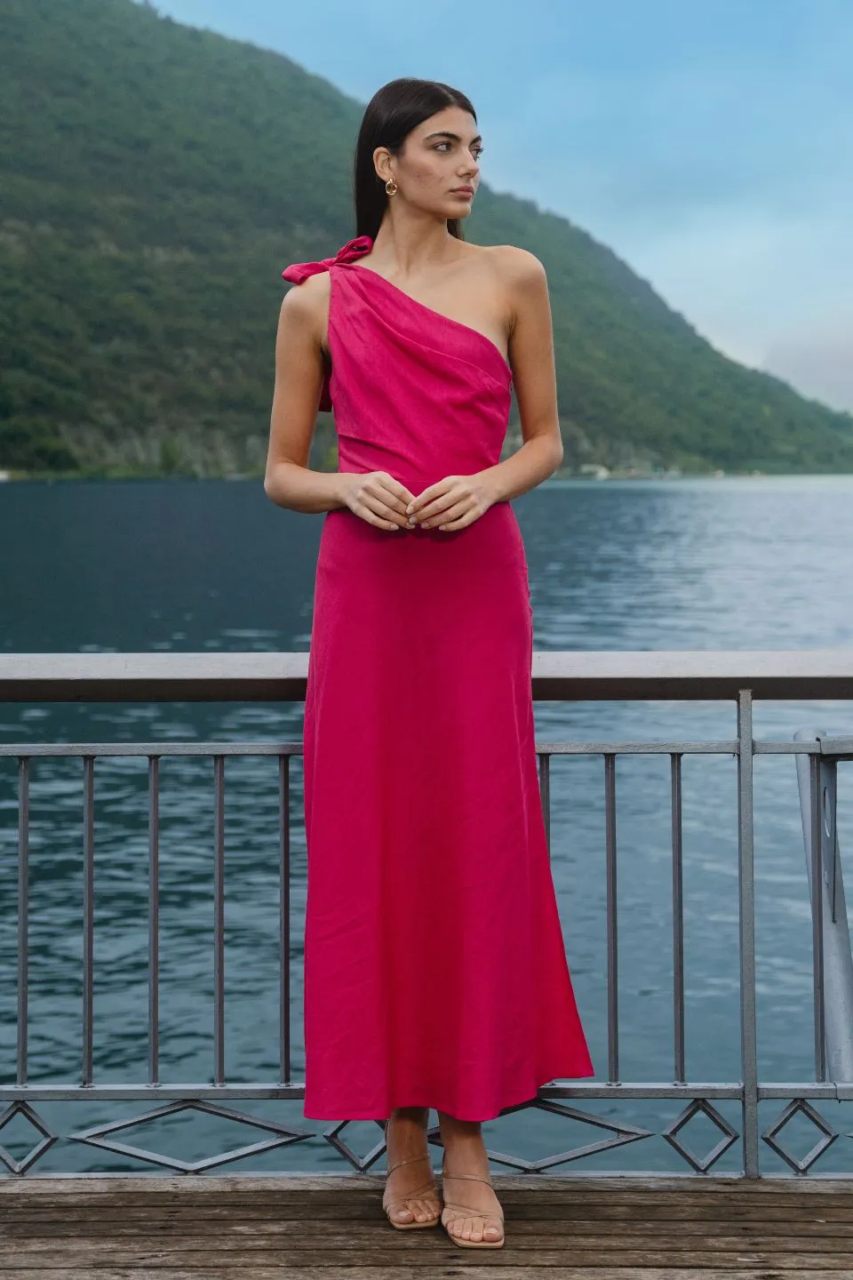 Mirror Hot Pink Linen Blend One Shoulder Bow Midi Dress