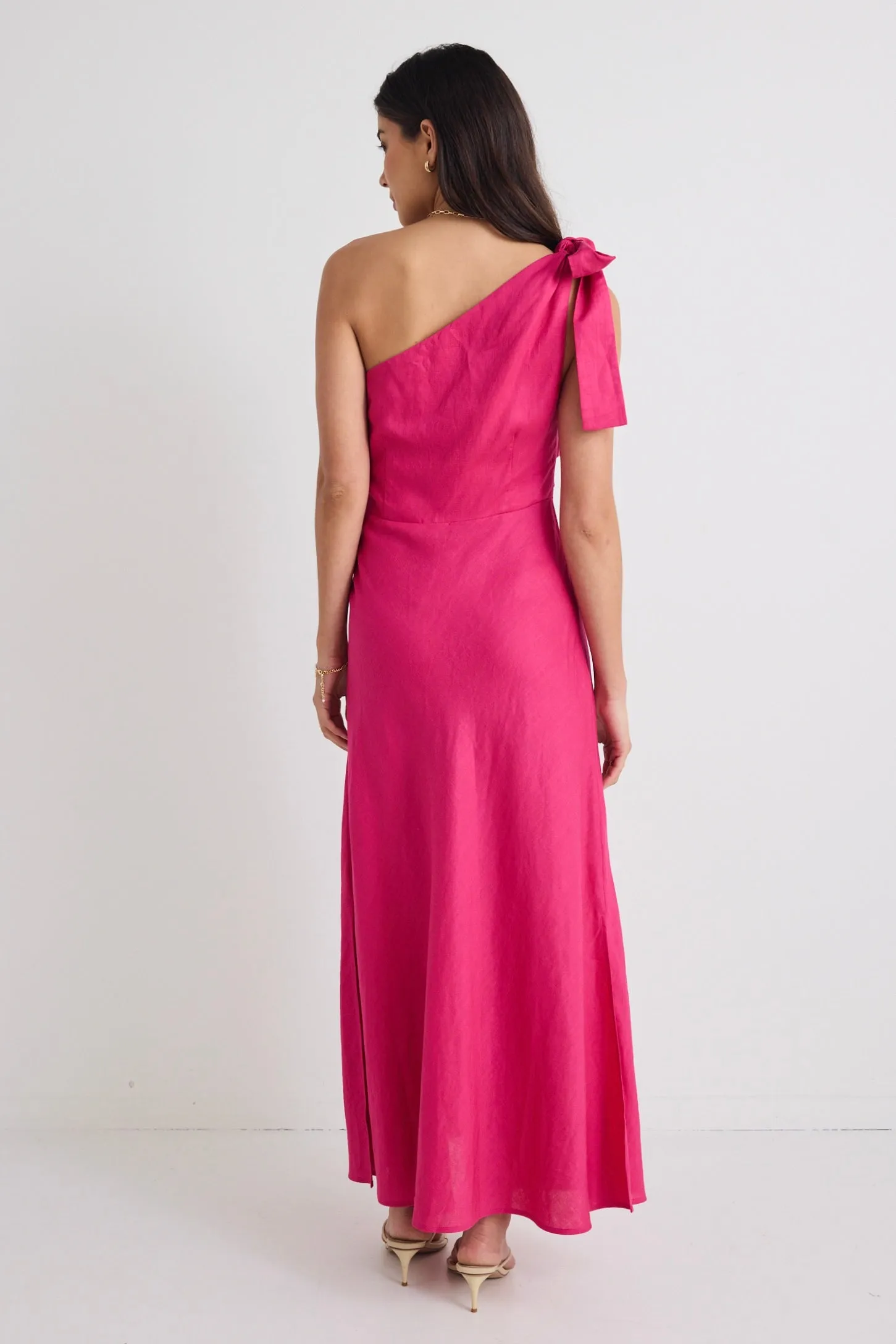 Mirror Hot Pink Linen Blend One Shoulder Bow Midi Dress