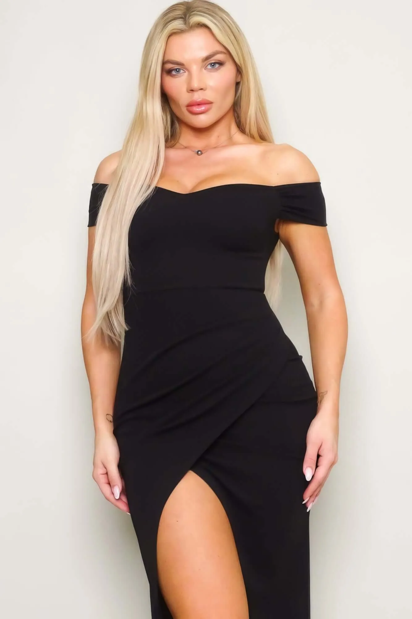 Off Shoulder Techno Crepe Midi Dress