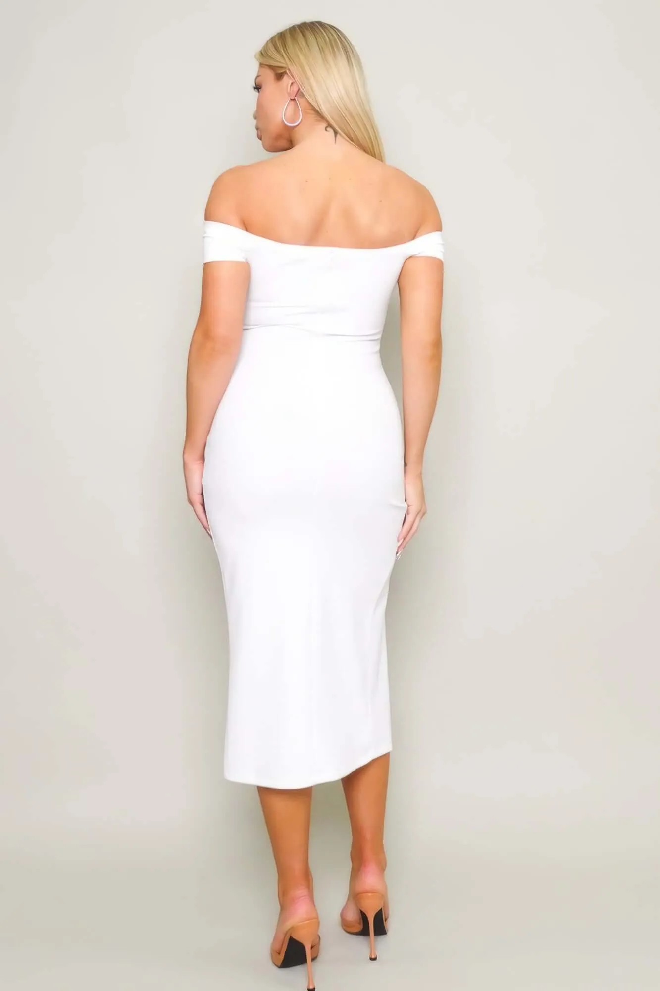 Off Shoulder Techno Crepe Midi Dress