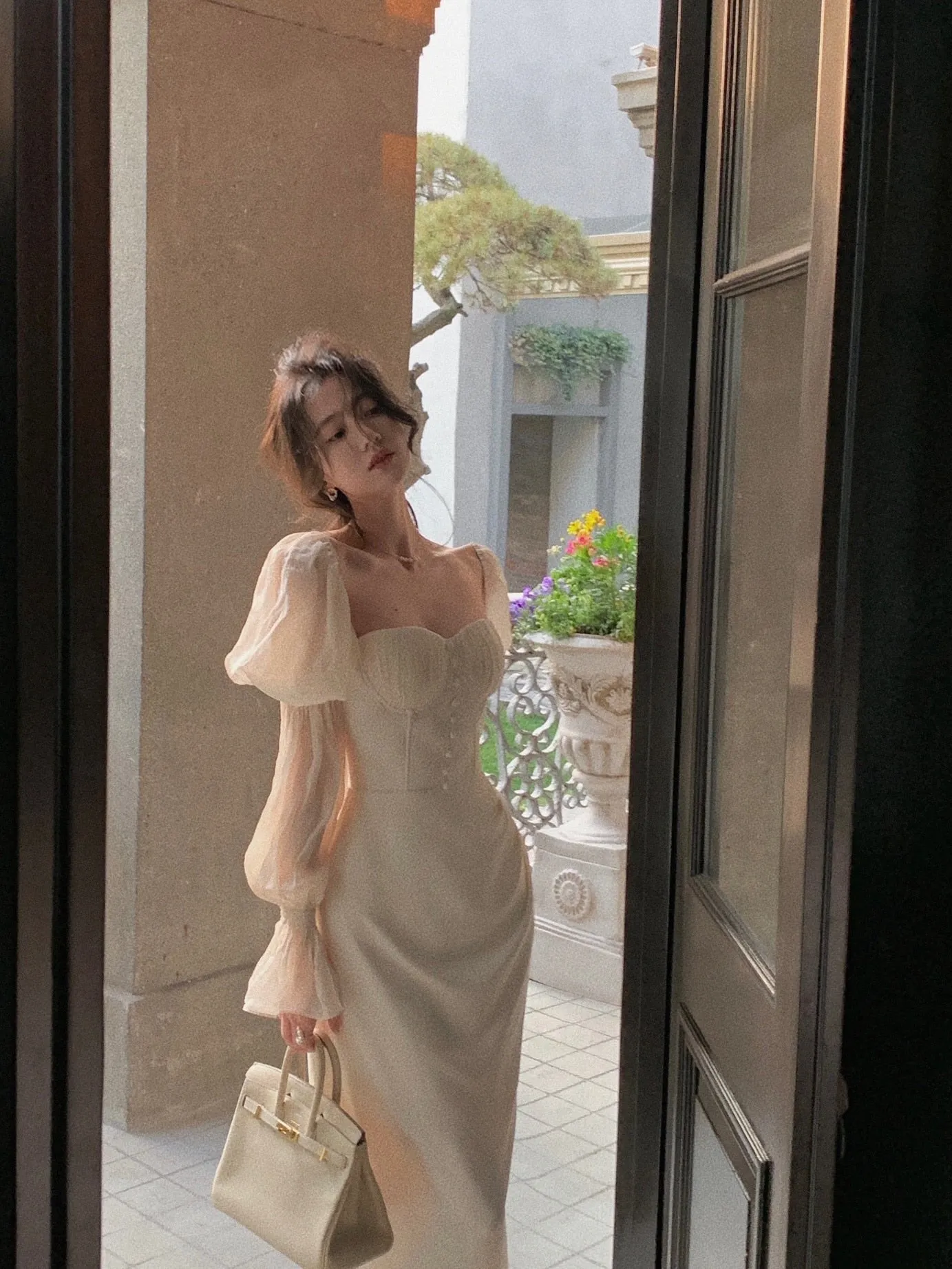 Pearl Elegance Puff Sleeves Midi Dress