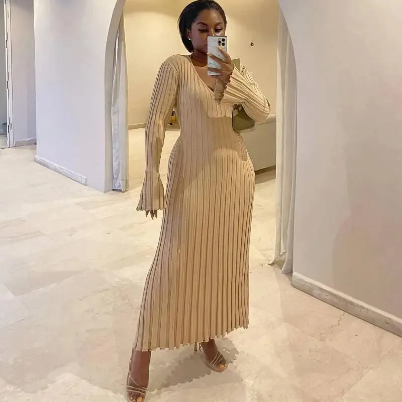 Pleated Flare Long Sleeve Midi Dress