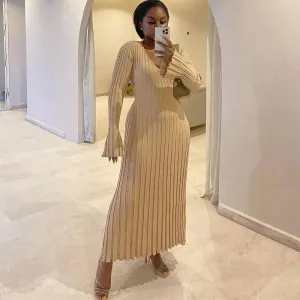 Pleated Flare Long Sleeve Midi Dress