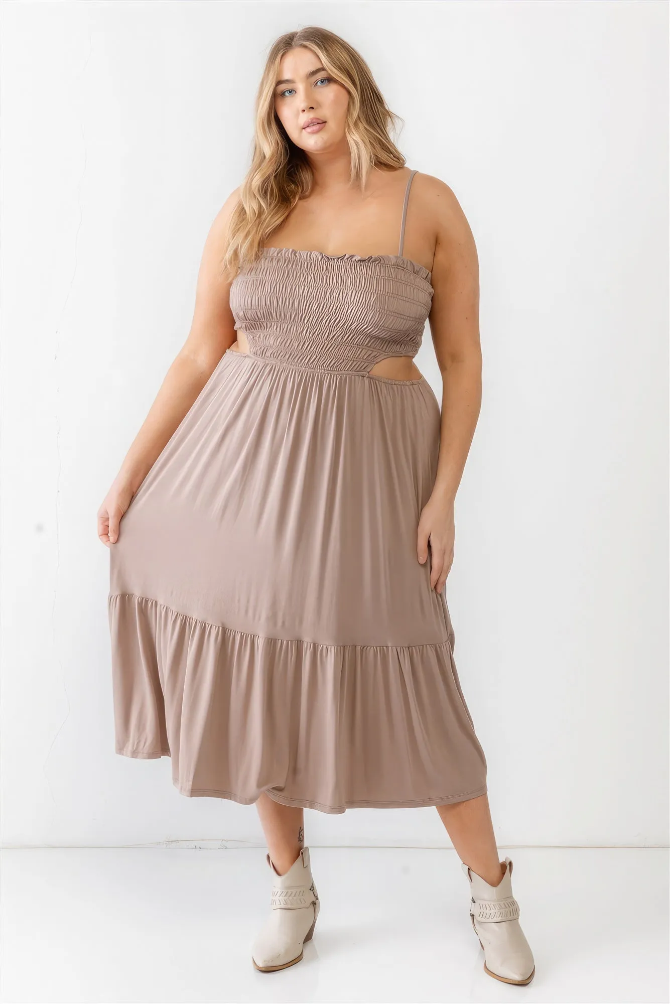 Plus Smocked Cut-out Strappy Flare Hem Midi Dress